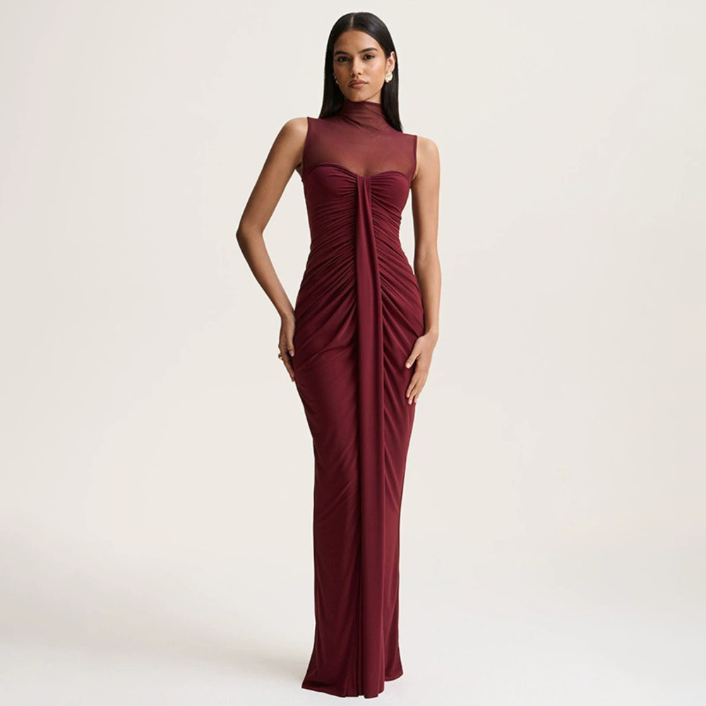 Zara High Neck Sleeveless Slim Maxi Dress Mesh Patchwork Smocked Spring Summer